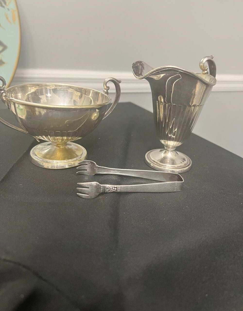 Vintage Evans Silver Plated Creamer and Sugar Bowl Set with Tongs